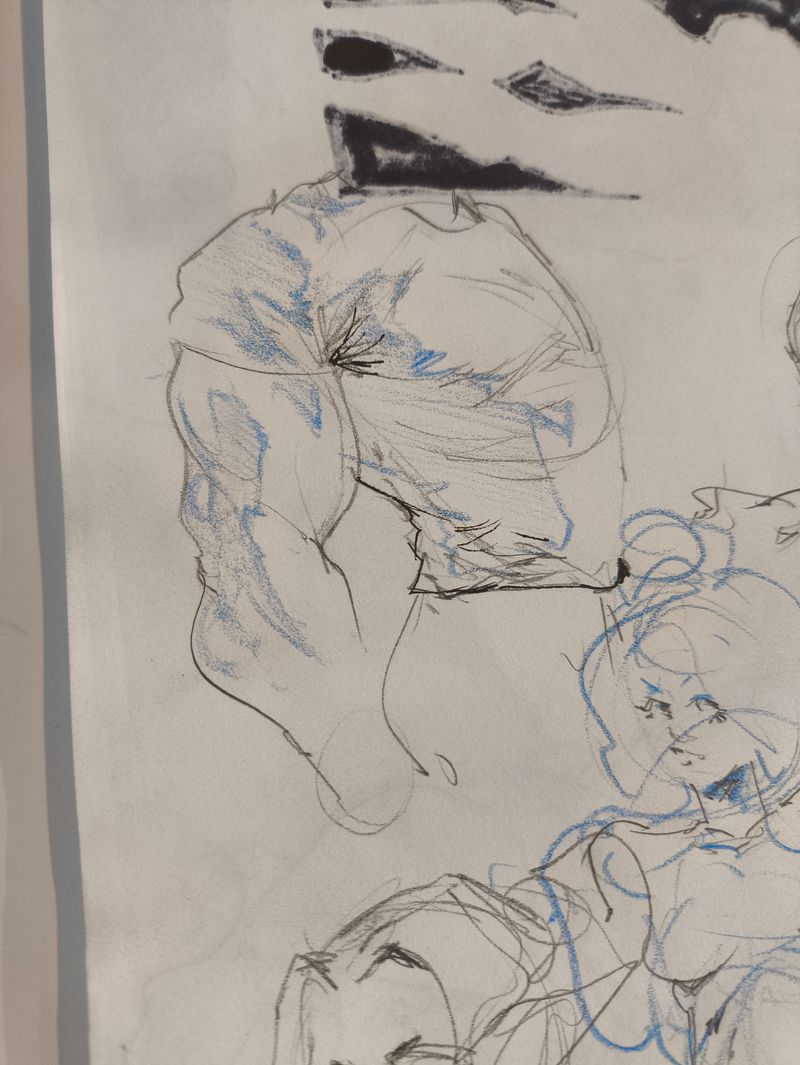 Pen-and-ink reclining figure study with ink wash showing tonal values and loose gestural lines.