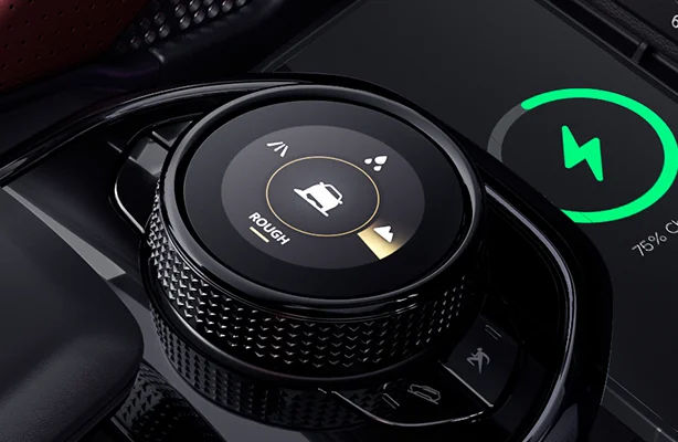 Bejewelled Rotary Terrain Response Selector with Integrated Digital Color Display Modes (Normal, Rough, Wet)