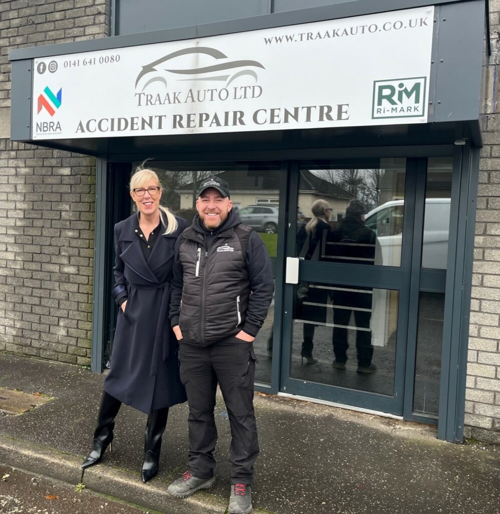 Trish Halford of Ogilvie Fleet and Tony Jones of Traak Auto after joining the National Body Repair Association