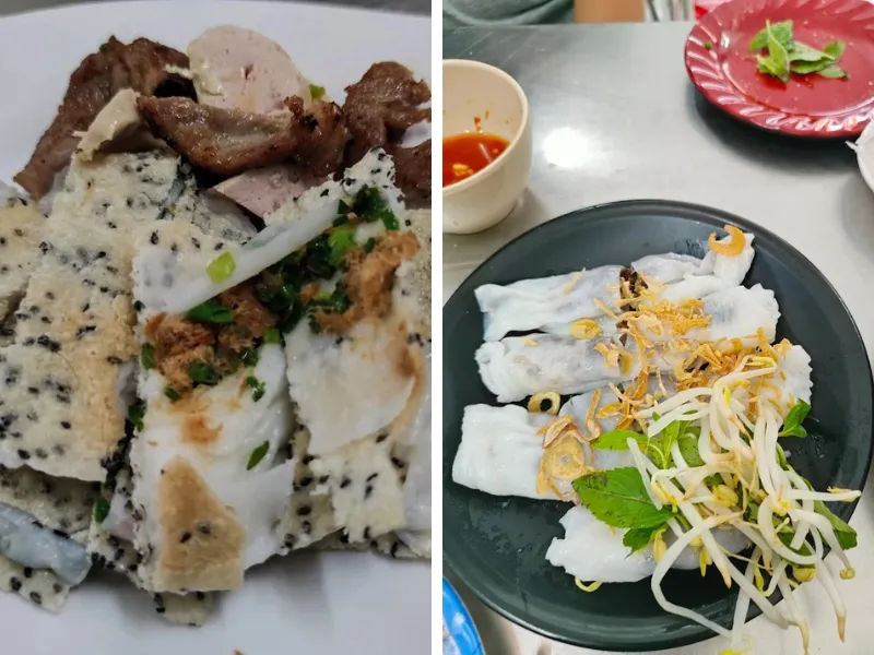 Two frames: bánh đập with grilled pork and chả, and a plate of bánh cuốn