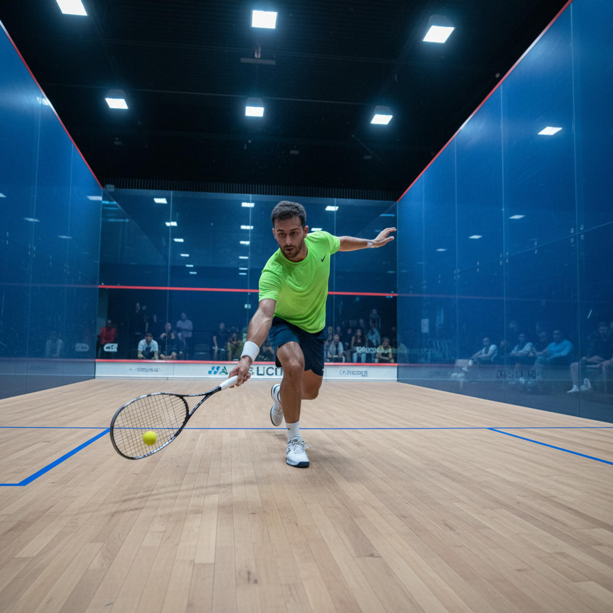 A beginner squash player executing a straight drive shot parallel to the side wall on a squash court.