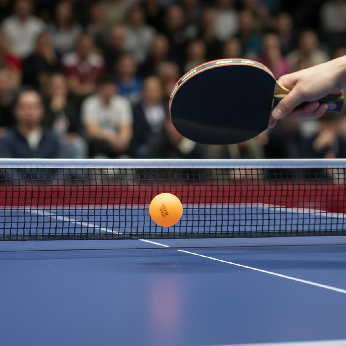 Close-up of a ping pong paddle striking a ball over the net, illustrating basic table tennis rules.