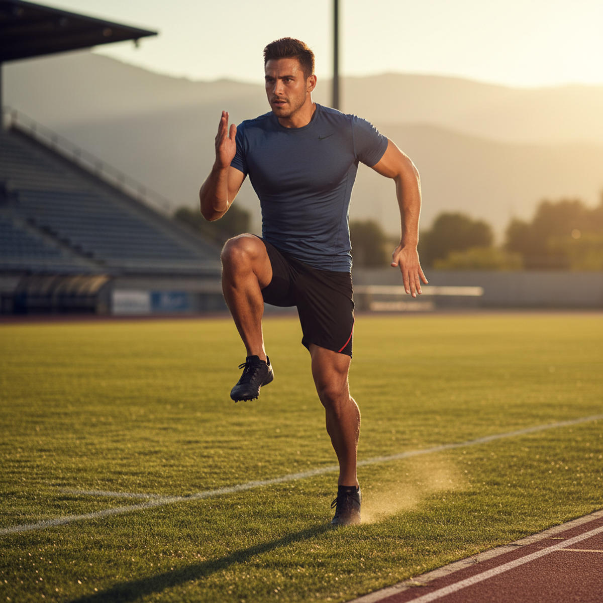 Athlete performing dynamic injury prevention drills on a sports field to prevent athletic injuries.