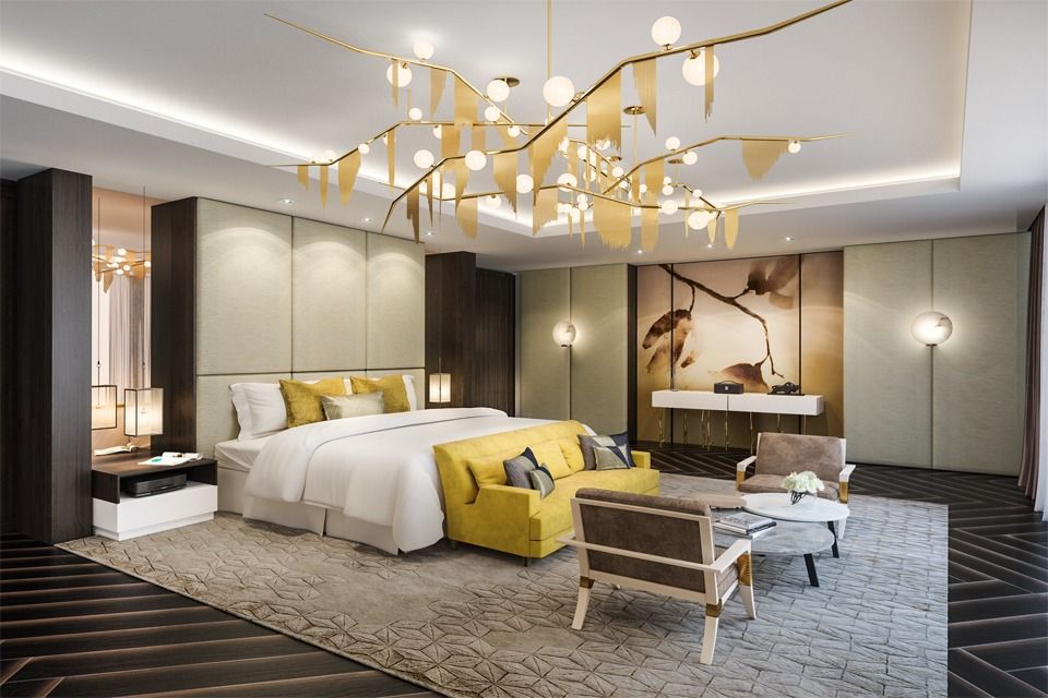 Bedroom Interior Design - Cherry Bomb chandelier by Lindsey Adelman above padded wall panels & diagonal dark wood floor