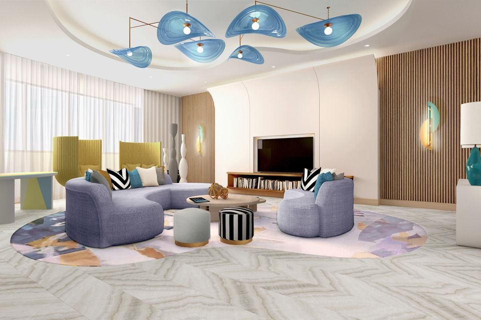 Living Room Design - Fun, colorful room with funky & modern lighting, wood slatted wall features, curved sofa & marble floor