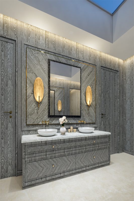throom Interior Design - Wood grained laminate design walls, door & bathroom storage with white granite counter top