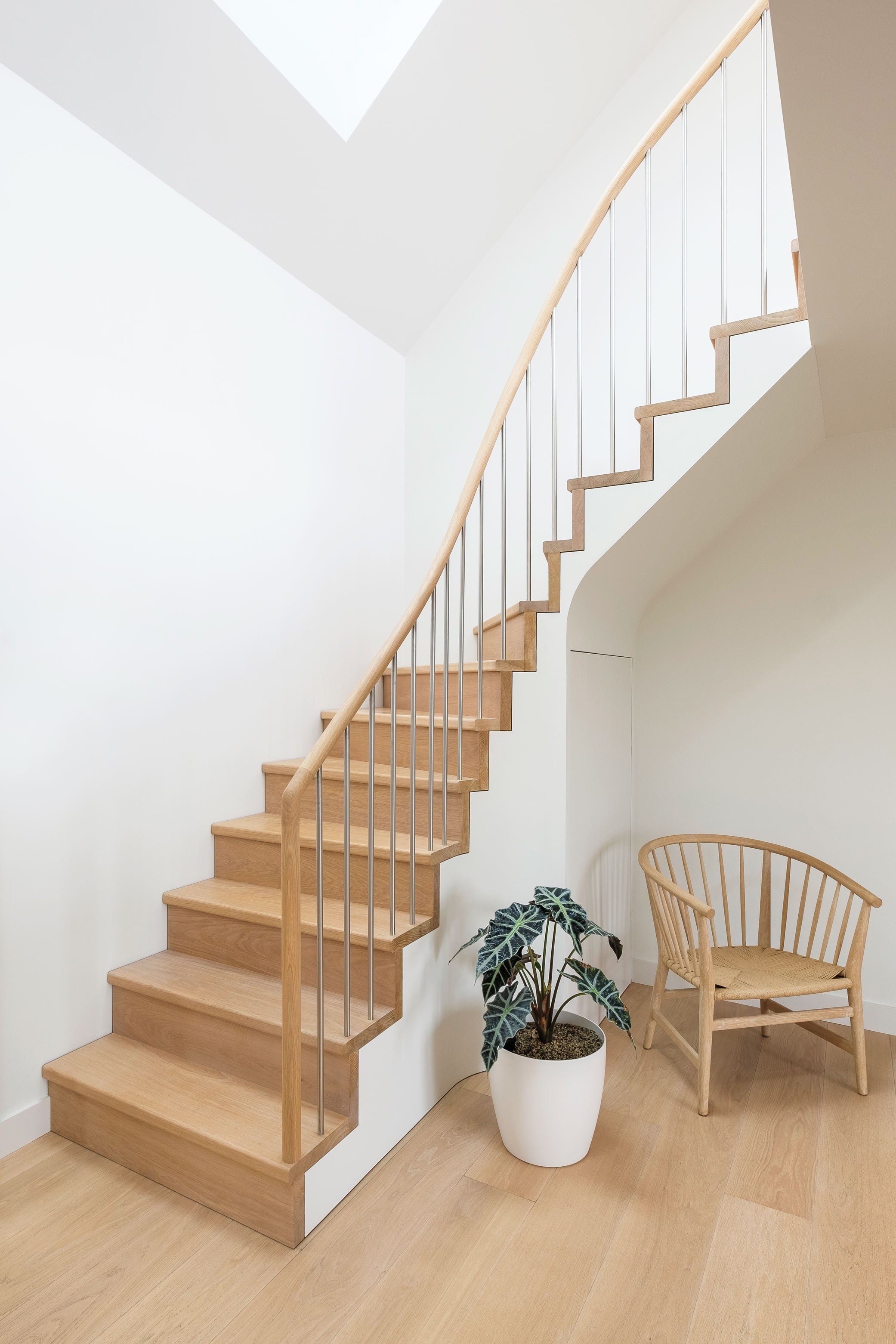 Oak Staircase with stainless steel balustrade spindle, curved oak handrail and white understructure. Danish designed oak chair. White walls and potted plant.