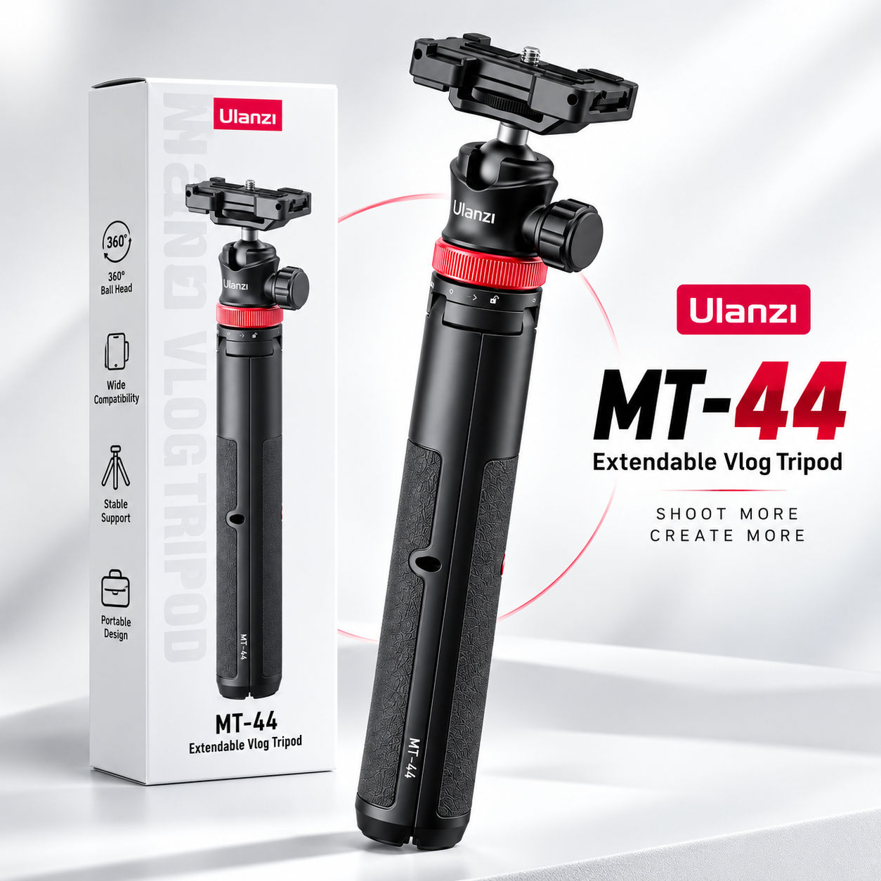 Ulanzi MT-44 Extendable Vlog Tripod & Selfie Stick – 2-in-1 Professional Monopod with 360° Ball Head, Cold Shoe Mount, 1/4 Screw & Phone Holder for Smartphones & Cameras