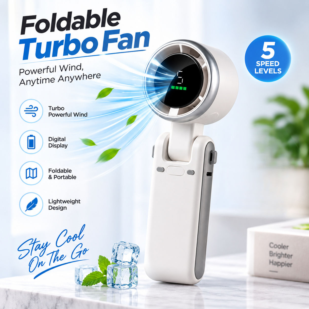 Foldable Powerful Winds Turbo Handheld Fan – 1800mAh Rechargeable Portable Mini Fan with 5 Speed Levels, 180° Foldable Design, Type-C Fast Charging & Lanyard