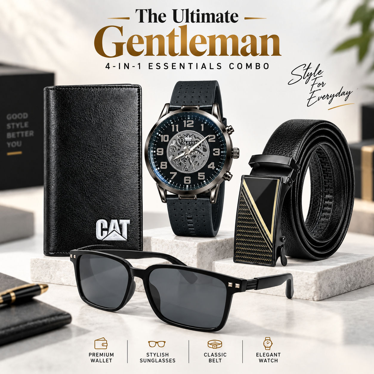The Ultimate Gentlemans 4-in-1 Essentials Combo(1) – Olevs Skeleton Wrist Watch, Automatic Leather Belt, Wayfarer Sunglasses & Classic Long Wallet Set for Men