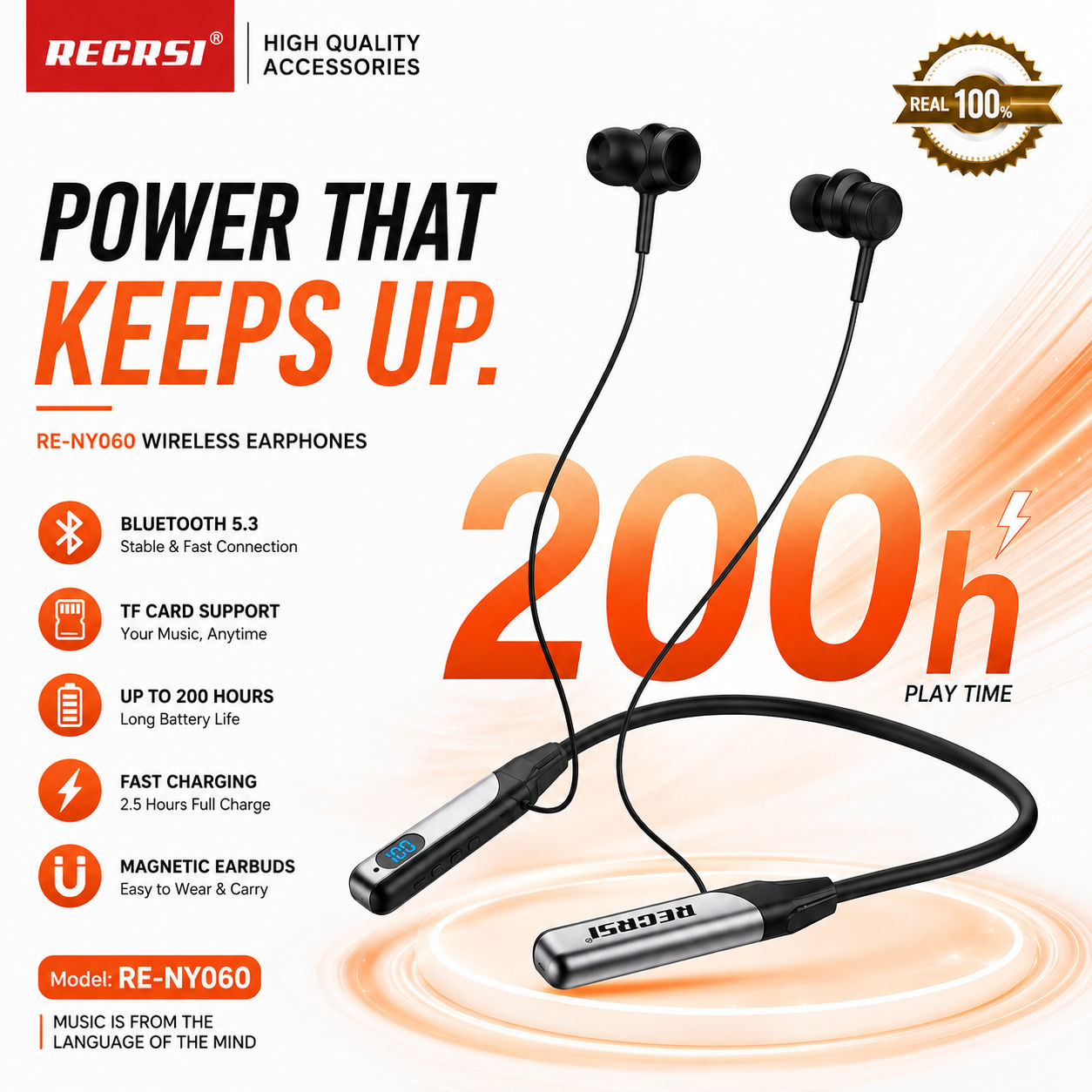 RE-NY060 Recrsi Wireless Neckband Bluetooth Earphone – Bluetooth 5.3 Headset with 200H Standby, 500mAh Battery, LED Display, TF Card Slot & Type-C Fast Charging  Ask for details