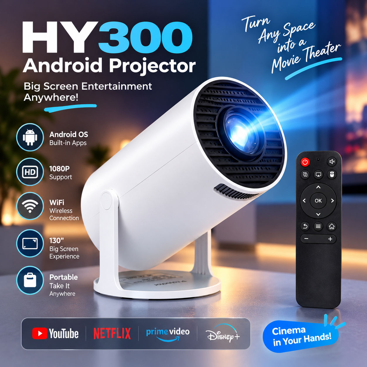 HY300 Android Smart Mini Projector – 720P Portable WiFi & Bluetooth Projector with 180° Rotation, Auto Keystone Correction, 130 Screen & Built-in Apps