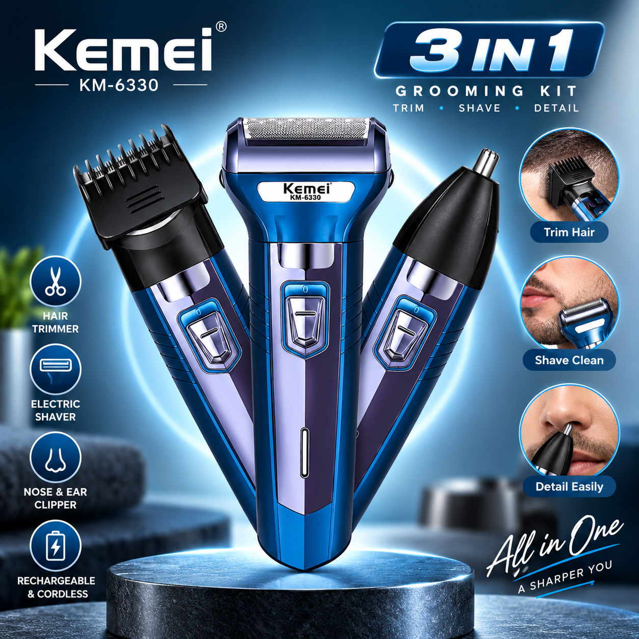 Kemei KM-6330 3-in-1 Rechargeable Hair Trimmer, Electric Shaver & Nose Clipper Grooming Kit – Universal Voltage, 60-Min Runtime & 4 Guide Combs