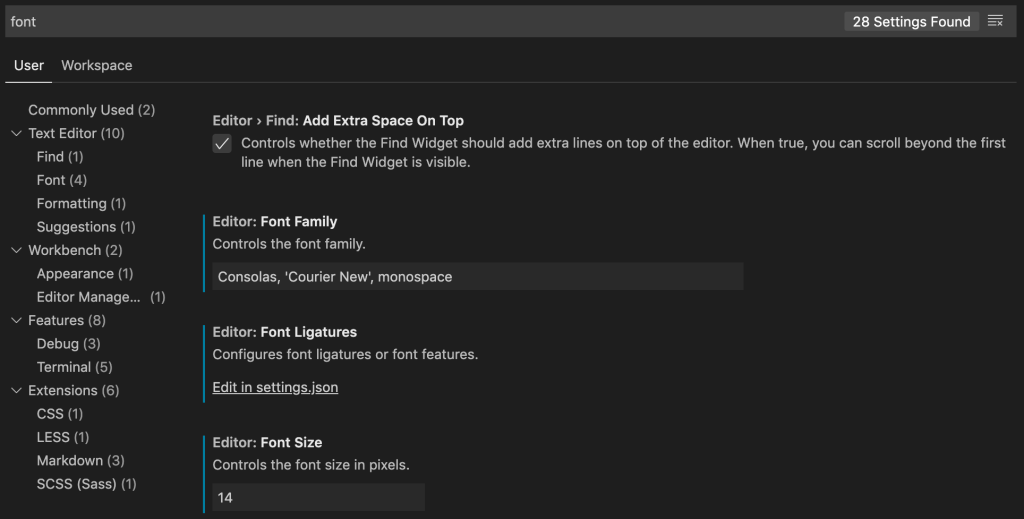 Halaman pengaturan font VSCode Font settings