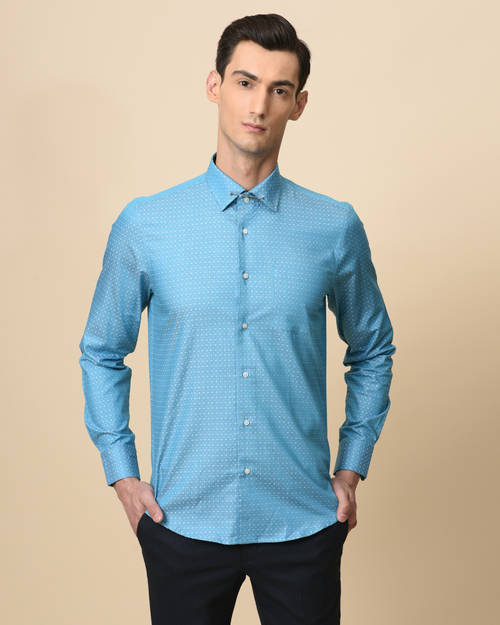 Cotton Teal Blue Slim Fit Shirt