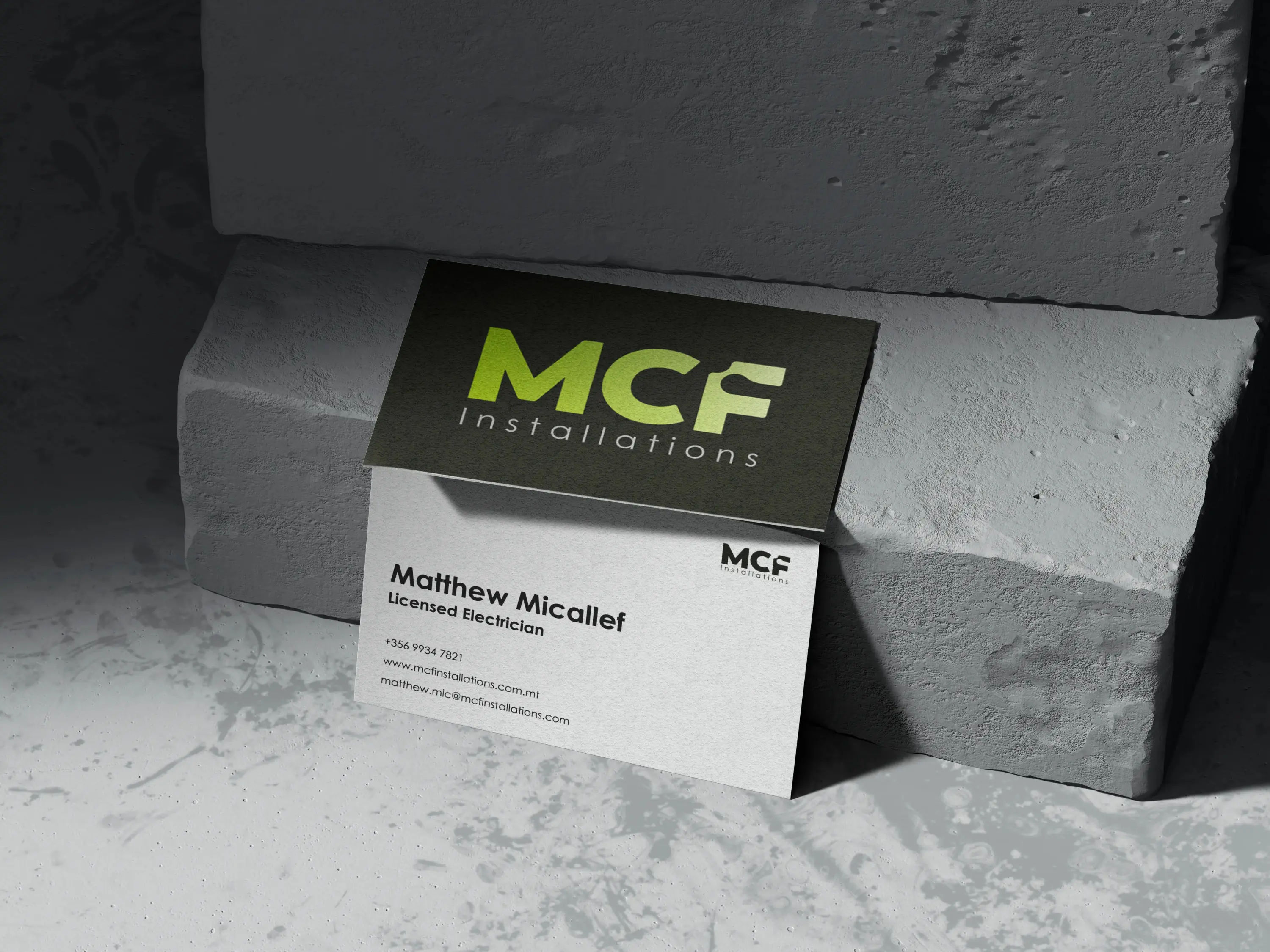 MCF Installations brand identity cover — logo design by Amelie Dimech Malta