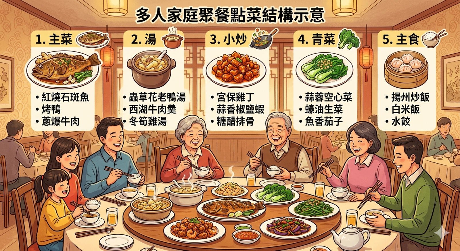 多人家庭聚餐點菜結構示意：主菜、湯、小炒、青菜和主食