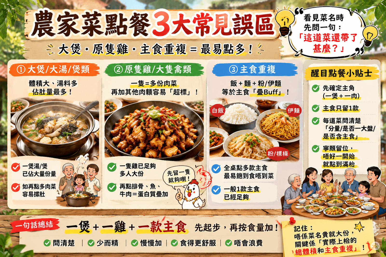 農家菜大煲、原隻雞和主食重複三類點餐誤區