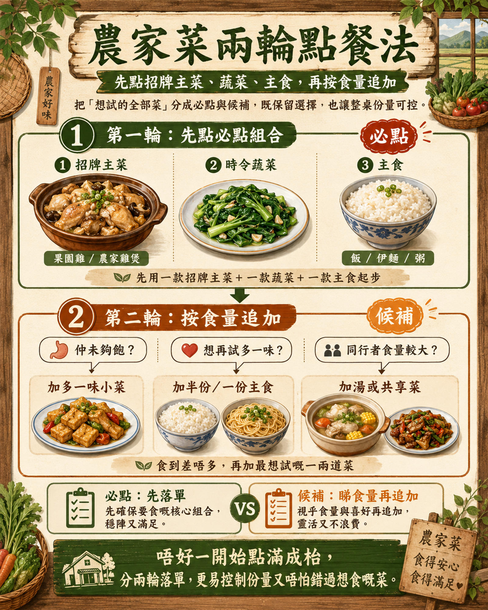 農家菜先點招牌主菜蔬菜主食再按食量追加的兩輪點餐法