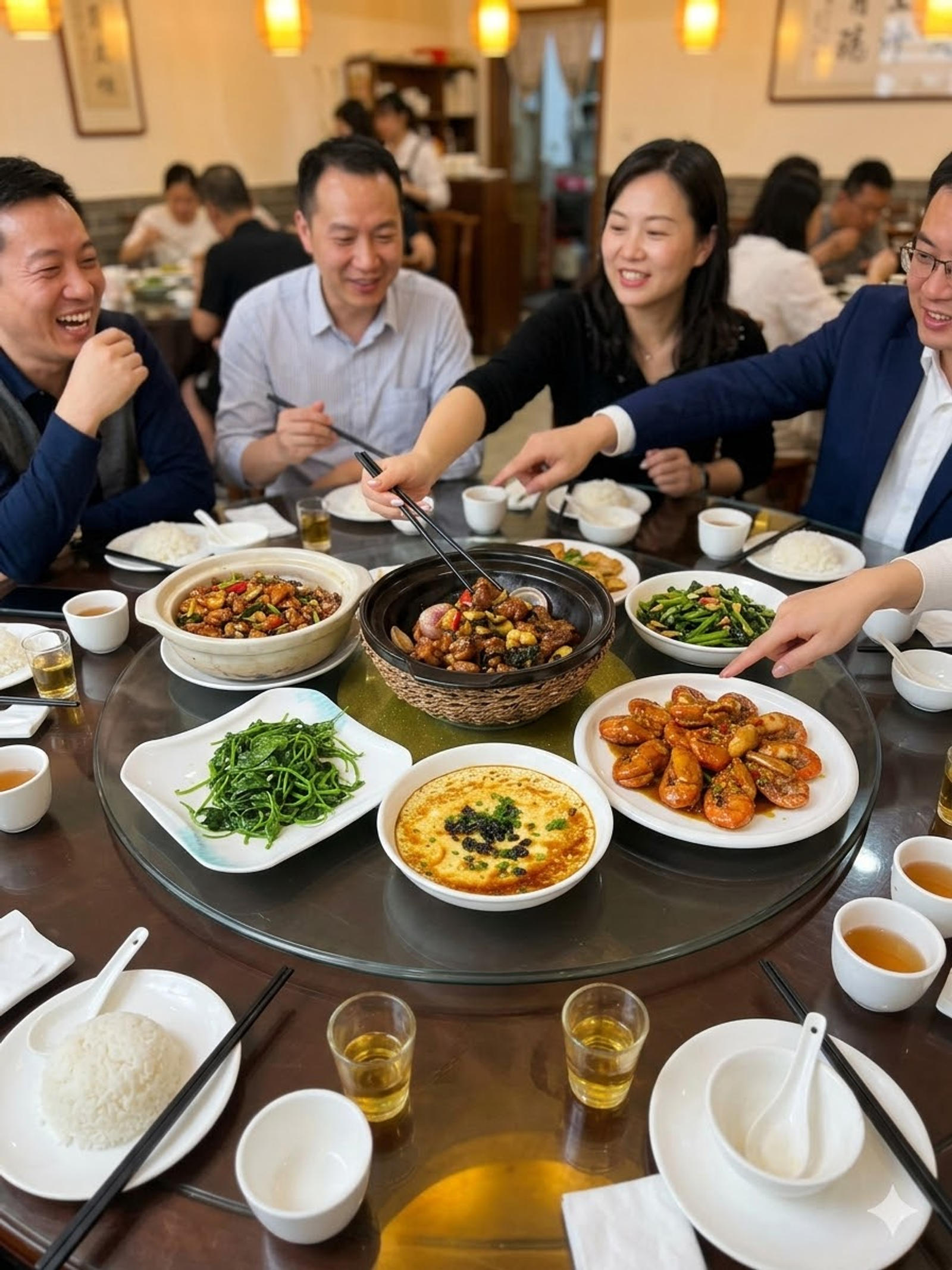 二娘土雞家庭與朋友聚餐點菜場景示意