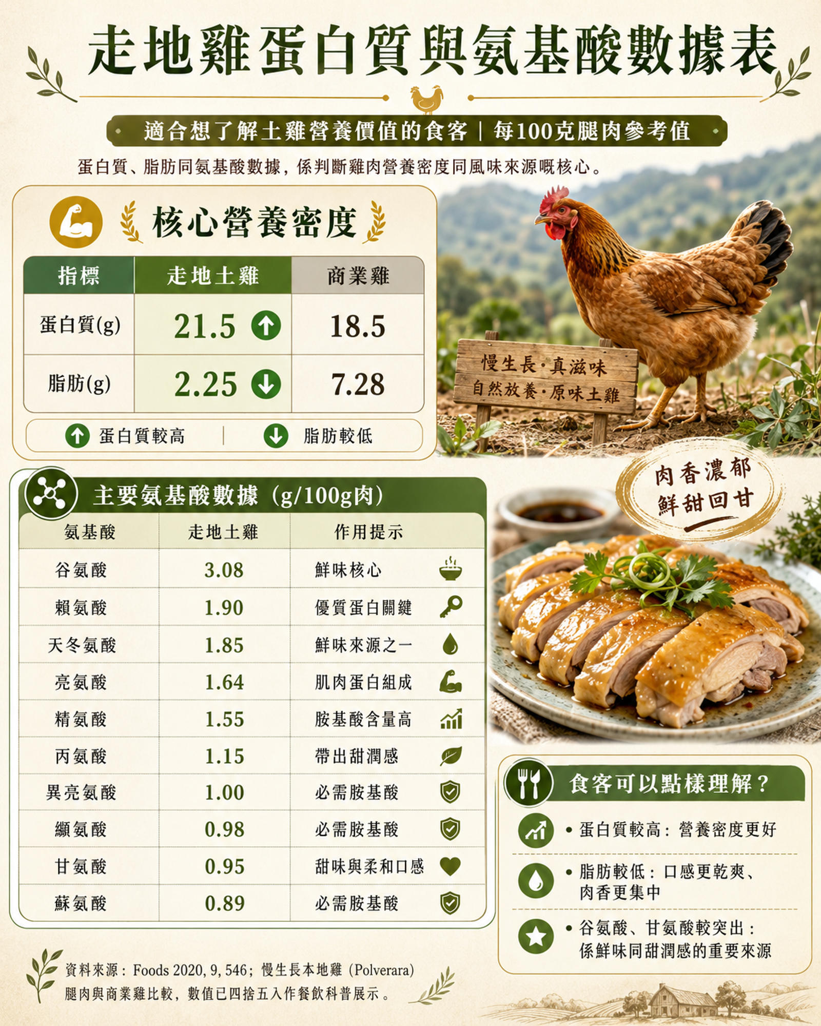 走地雞蛋白質與氨基酸數據表，適合想了解土雞營養價值的食客
