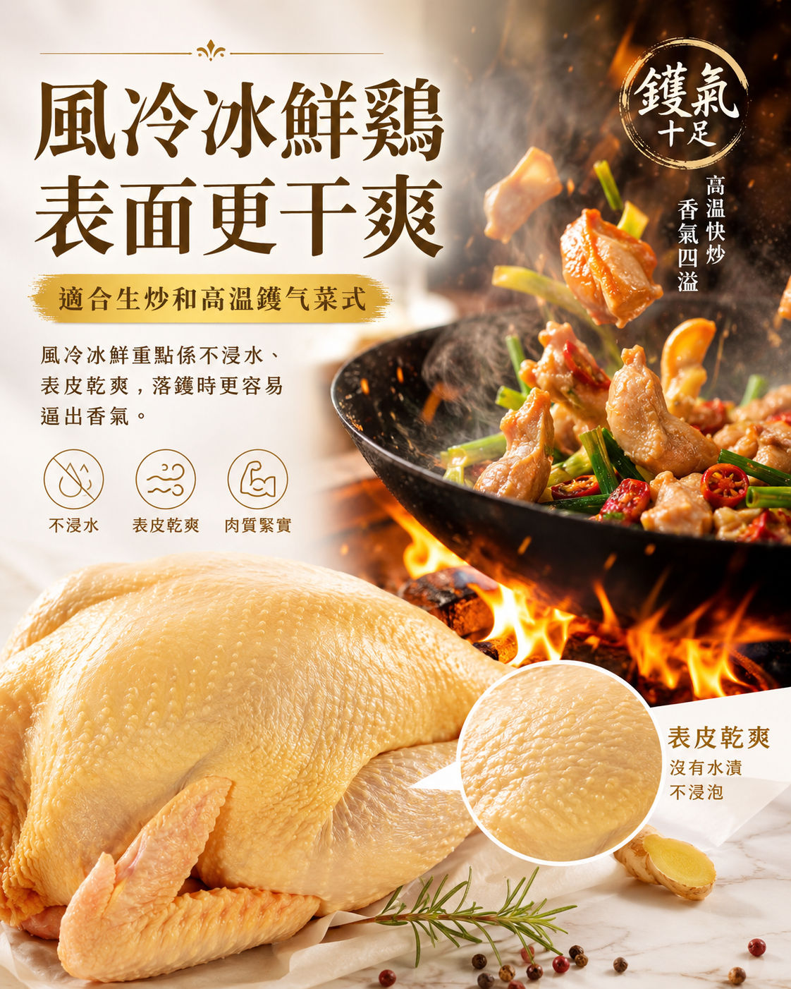 風冷冰鮮雞表面更乾爽，適合生炒和高溫鑊氣菜式