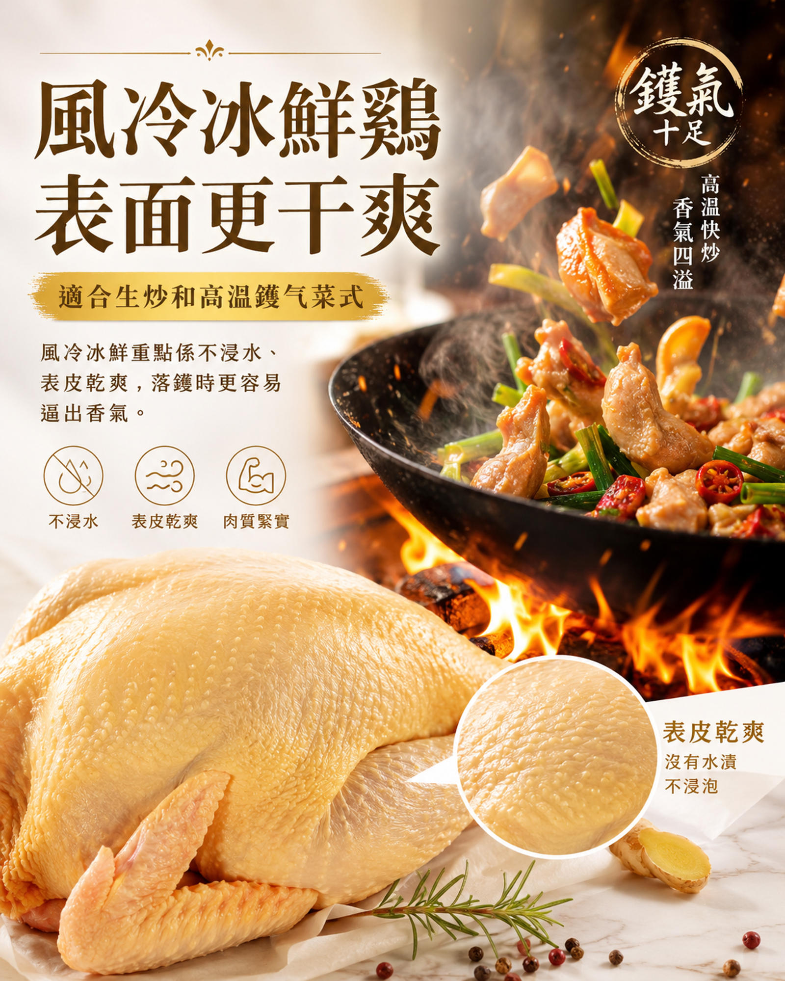 風冷冰鮮雞表面更乾爽，適合生炒和高溫鑊氣菜式