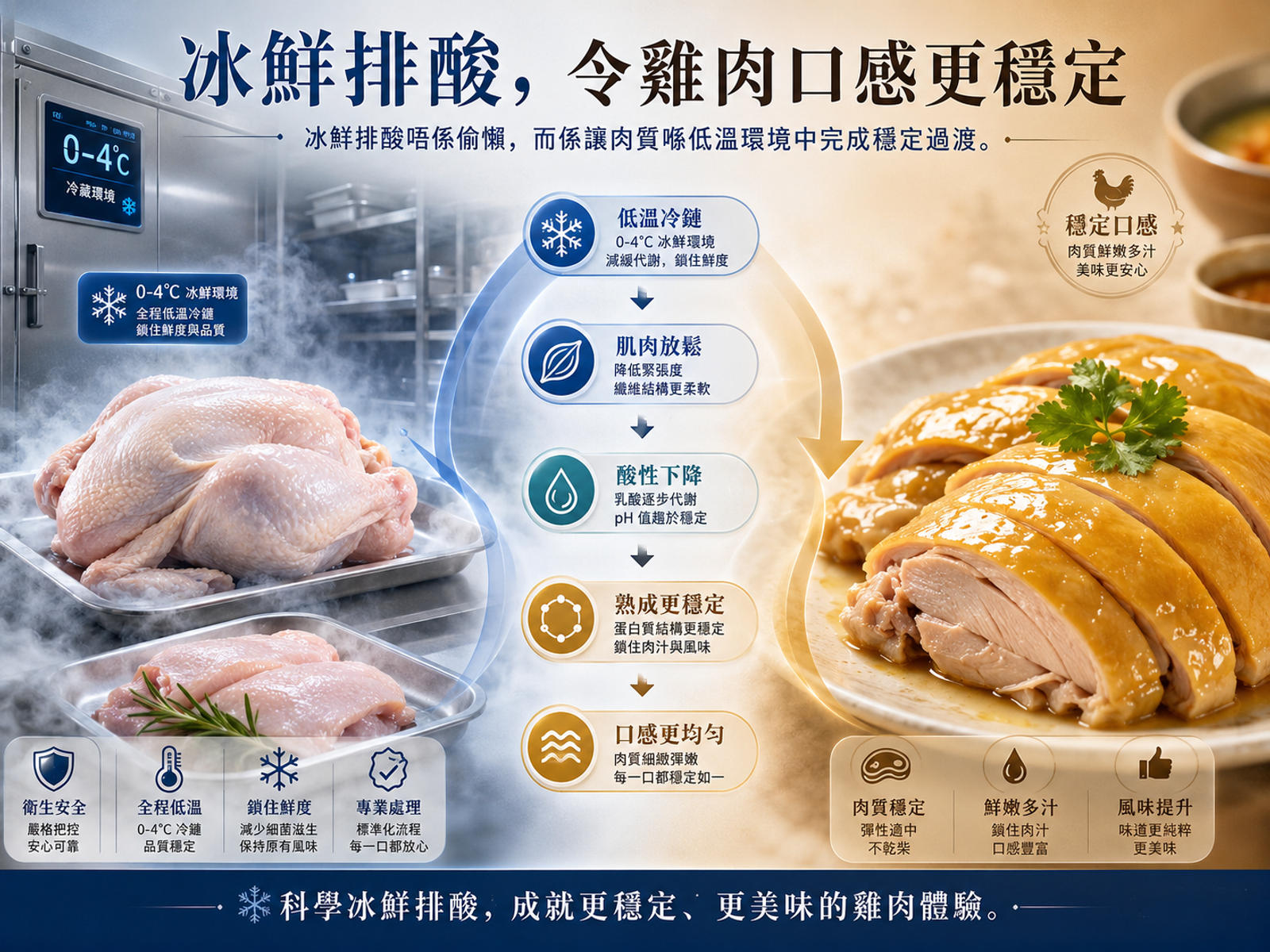 冰鮮排酸讓雞肉在低溫冷鏈中完成熟成，口感更穩定