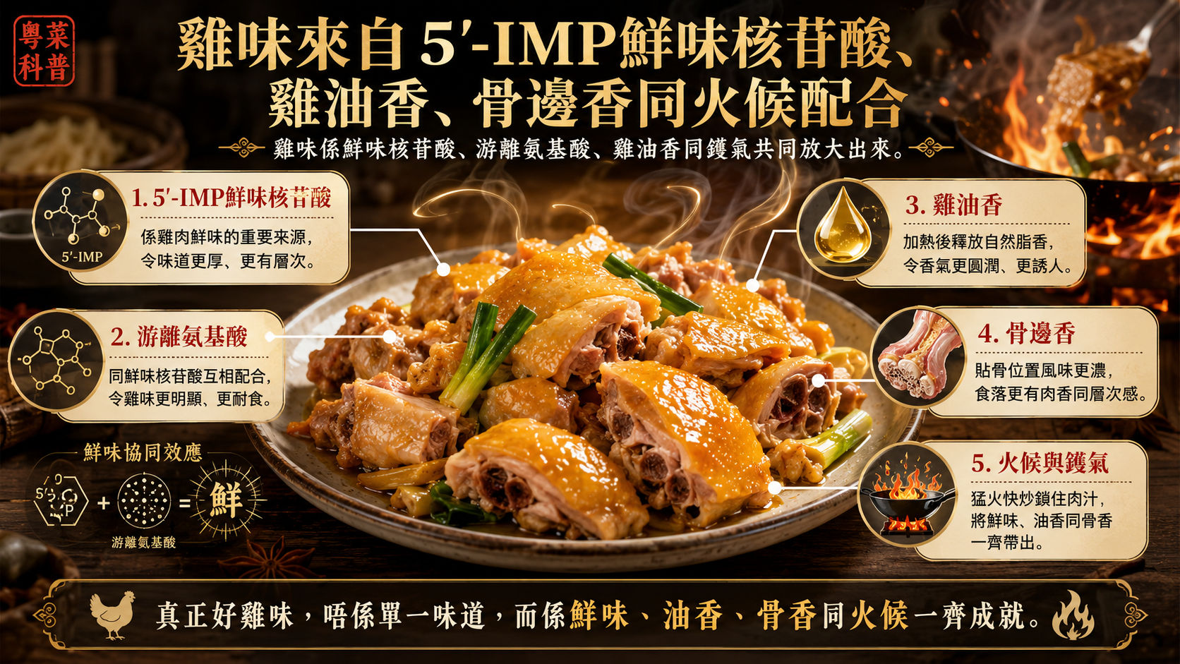 雞味來自5'-IMP鮮味核苷酸、雞油香、骨邊香和火候配合