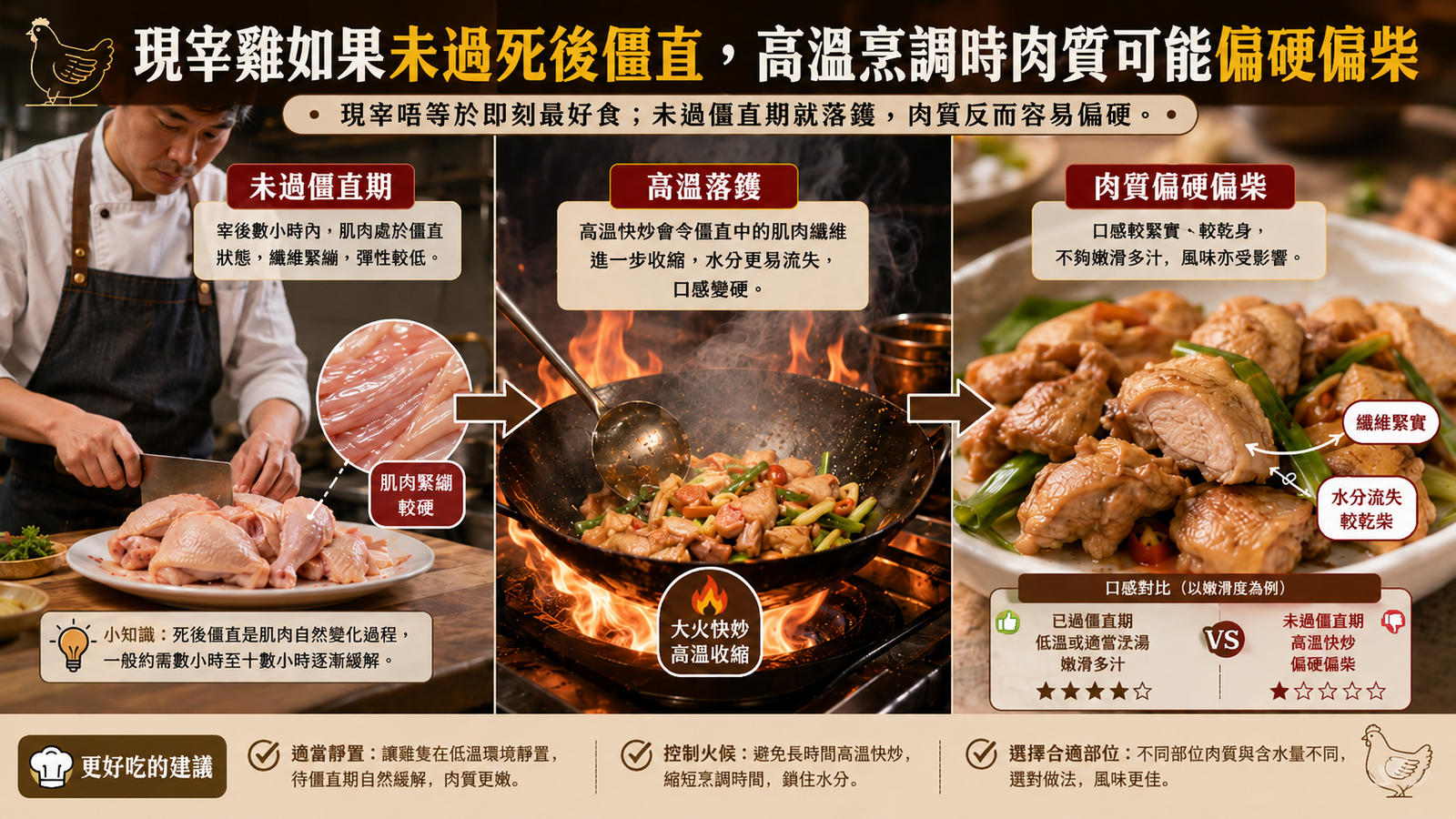 現宰雞如果未過死後僵直，高溫烹調時肉質可能偏硬偏柴