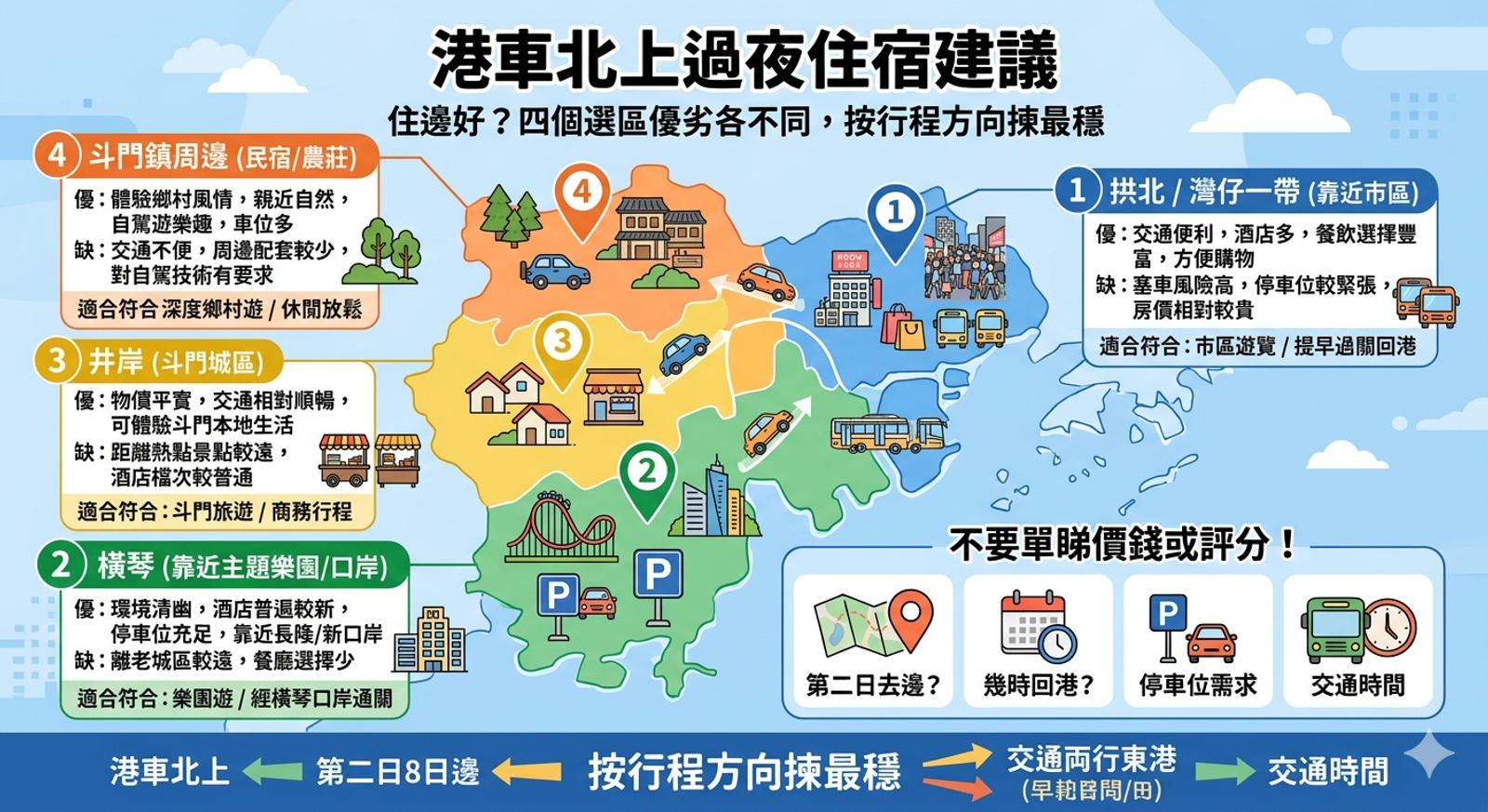 港車北上兩日一夜住宿選區比較：拱北、橫琴、井岸、斗門鎮各有利弊