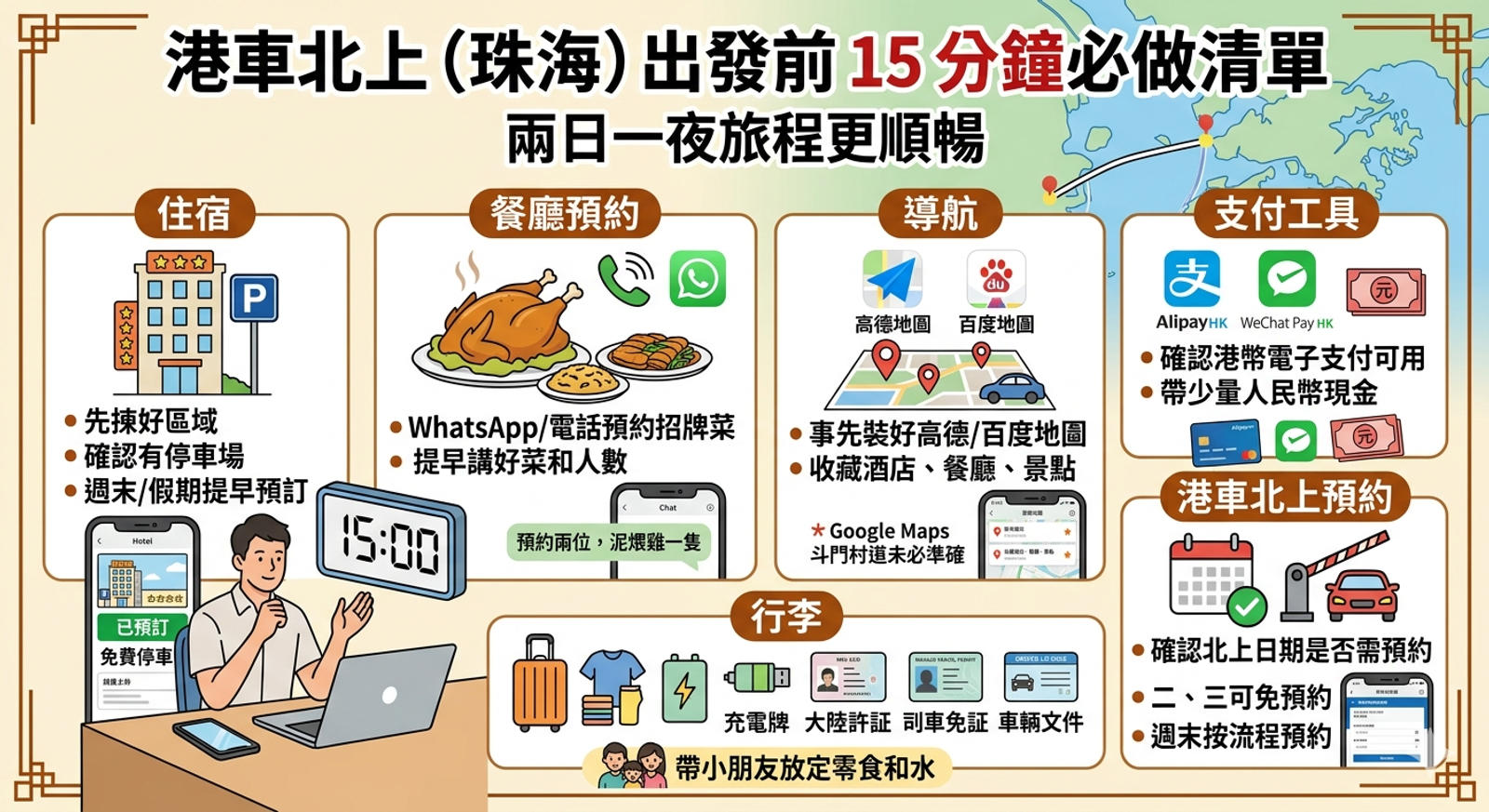 港車北上兩日一夜出發前準備清單：住宿、預約、導航、支付、行李
