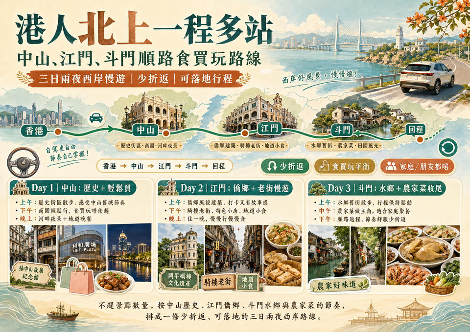 港人北上一程多站：中山、江門、斗門順路食買玩路線