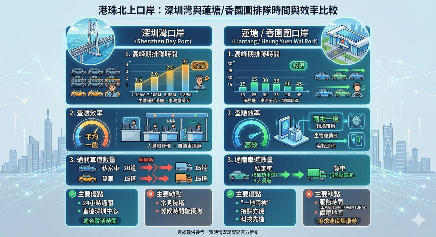港車北上口岸排隊時間與效率比較圖示