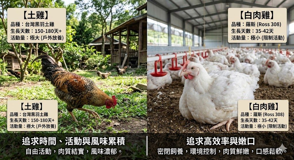 土雞和普通白肉雞在品種、生長天數與活動量上有明顯差別