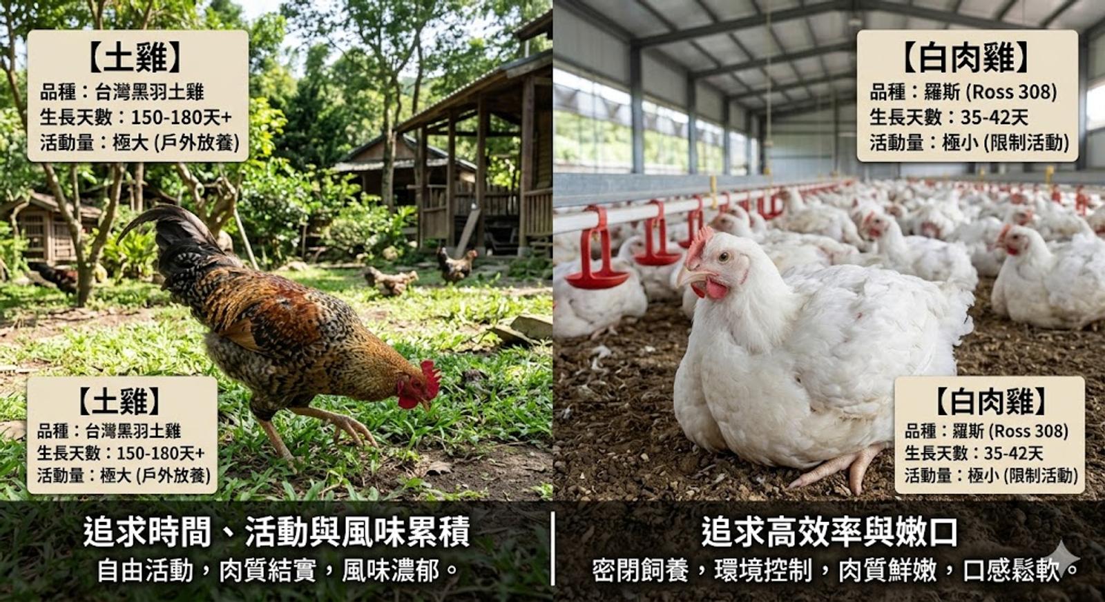 土雞和普通白肉雞在品種、生長天數與活動量上有明顯差別