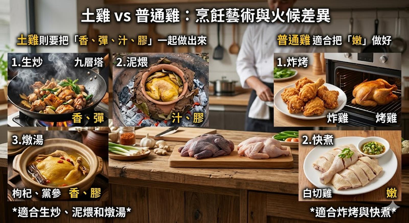 土雞適合生炒、泥煨和燉湯，普通雞適合炸烤與快煮