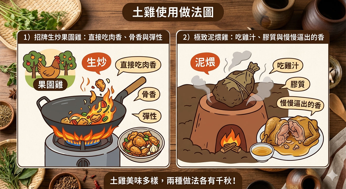 真正土雞用生炒或泥煨做法，最容易把肉香、雞汁與膠質表現出來