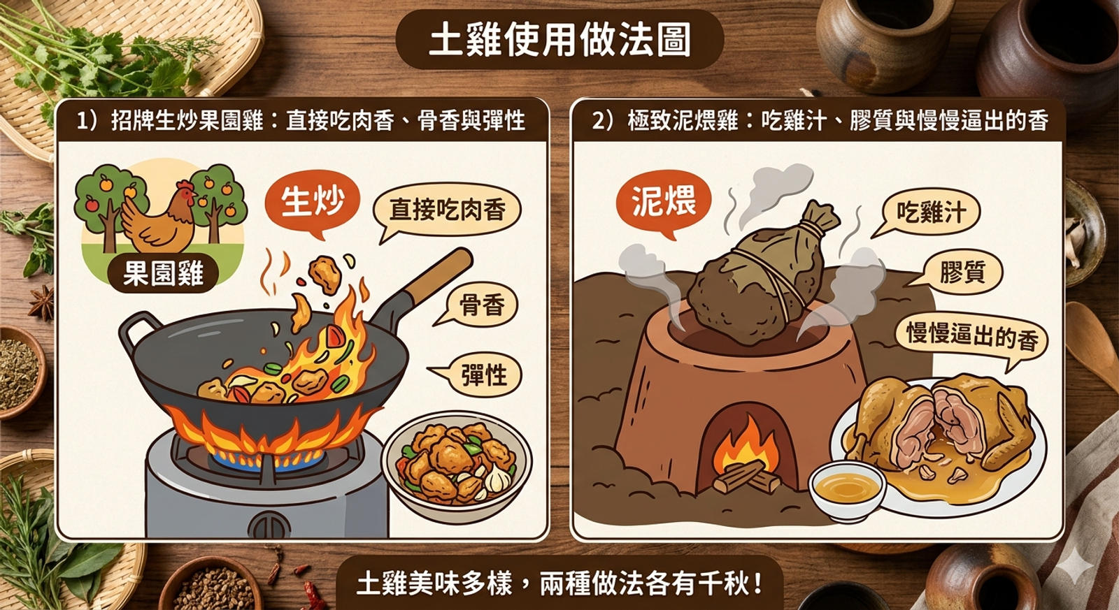 真正土雞用生炒或泥煨做法，最容易把肉香、雞汁與膠質表現出來