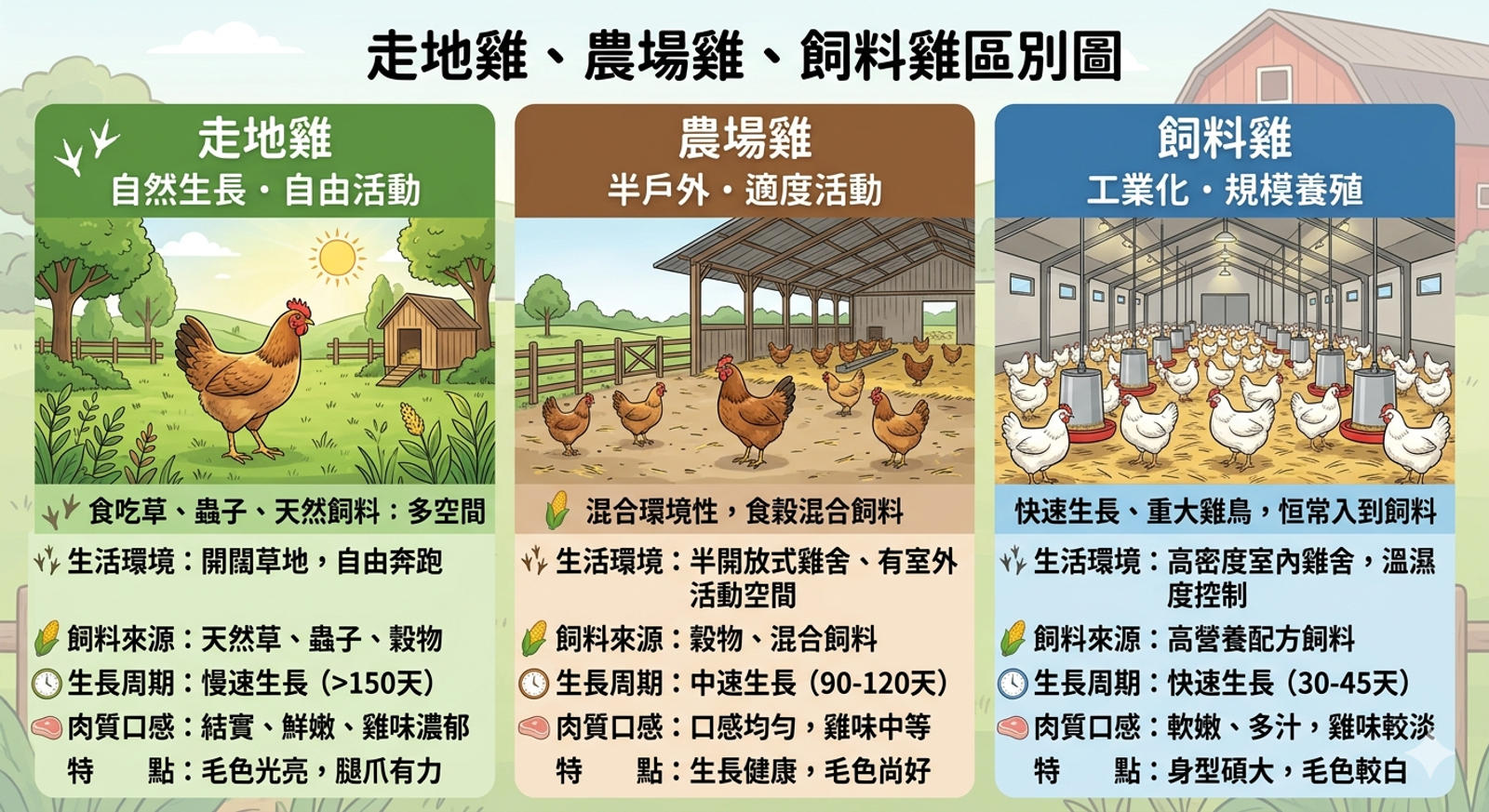 市場上同樣寫雞，但其實走地、農場和飼料三種概念並不一樣