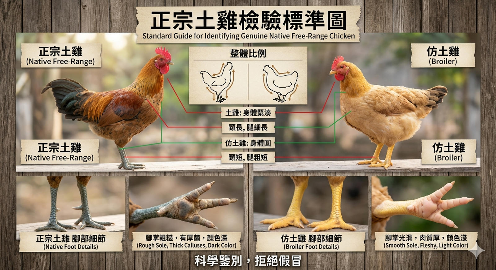 看腳部、腳底和整體比例，往往比單看招牌更容易分出真正土雞