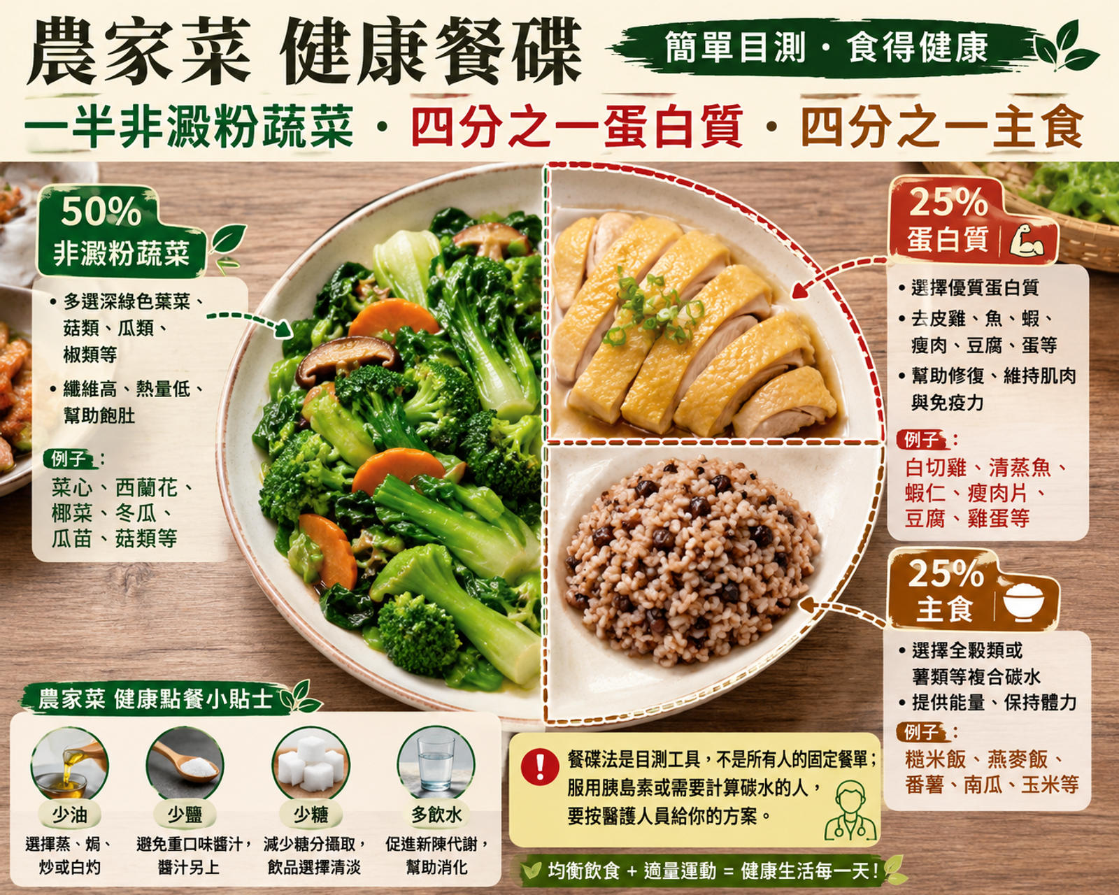農家菜健康餐碟分成一半非澱粉蔬菜、四分一蛋白質及四分一主食