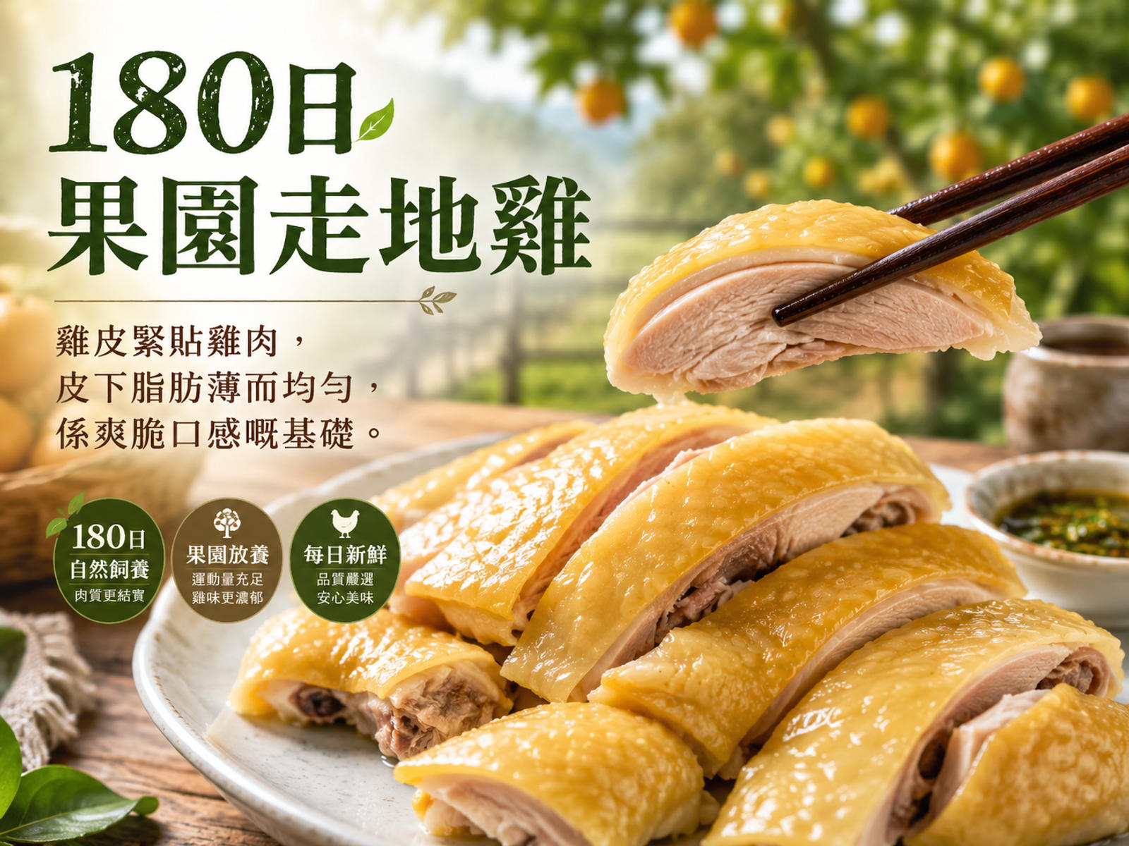 180日果園走地雞雞皮緊貼雞肉，皮下脂肪薄而均勻