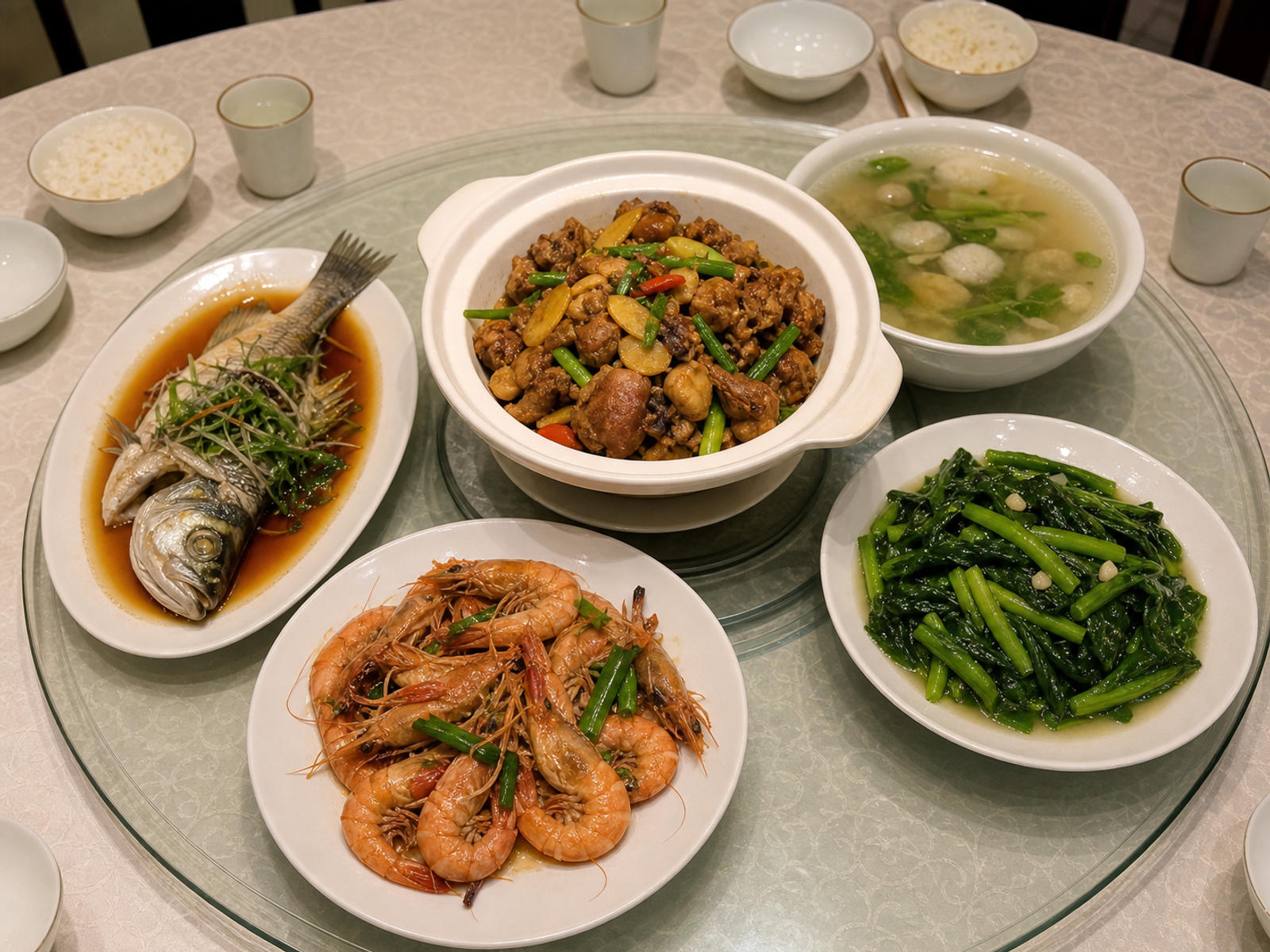 團年飯菜式搭配示意，桌上有雞、魚、蝦、時蔬和湯