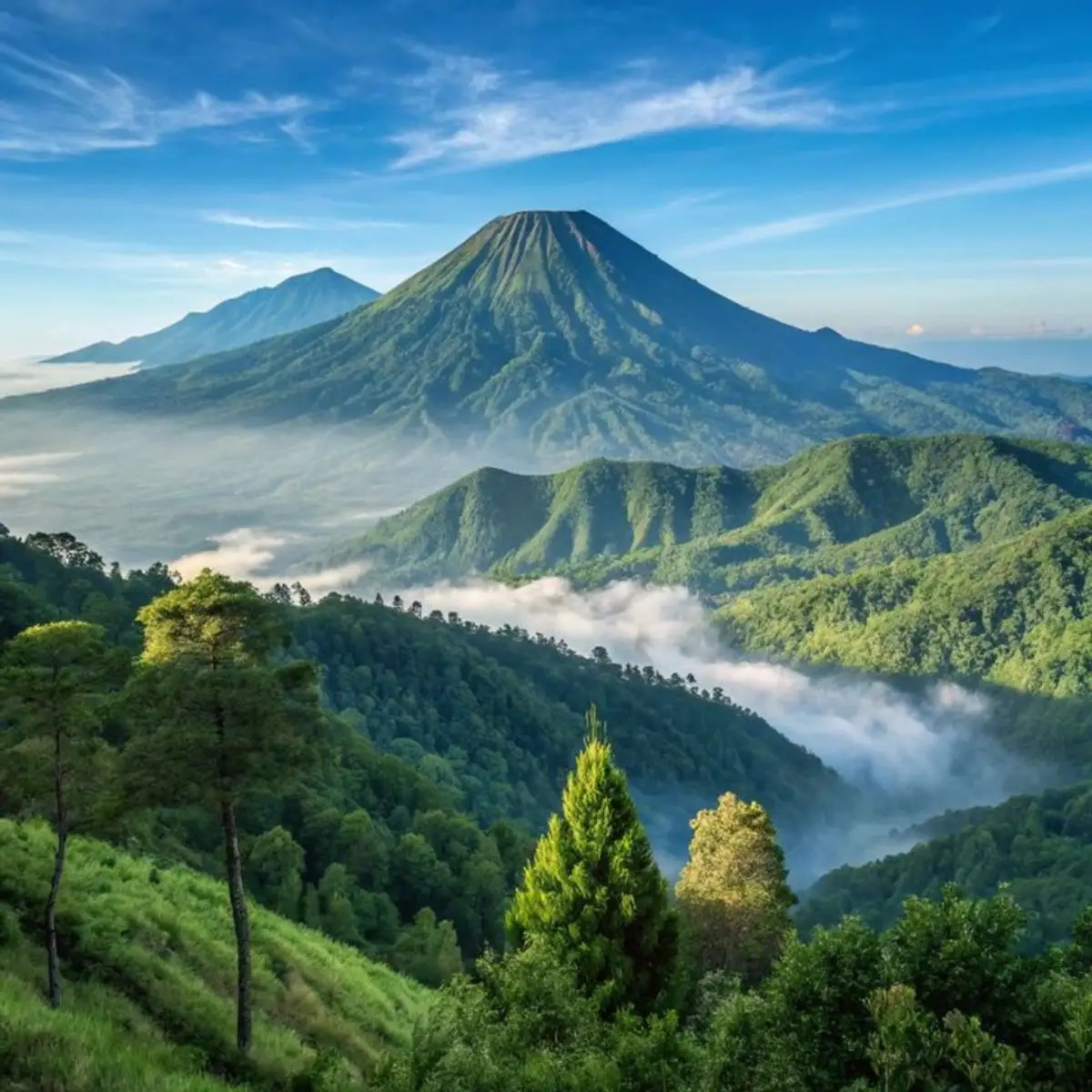 Mount Batur sunrise viewpoint with volcanic landscape and misty valleys in Bali