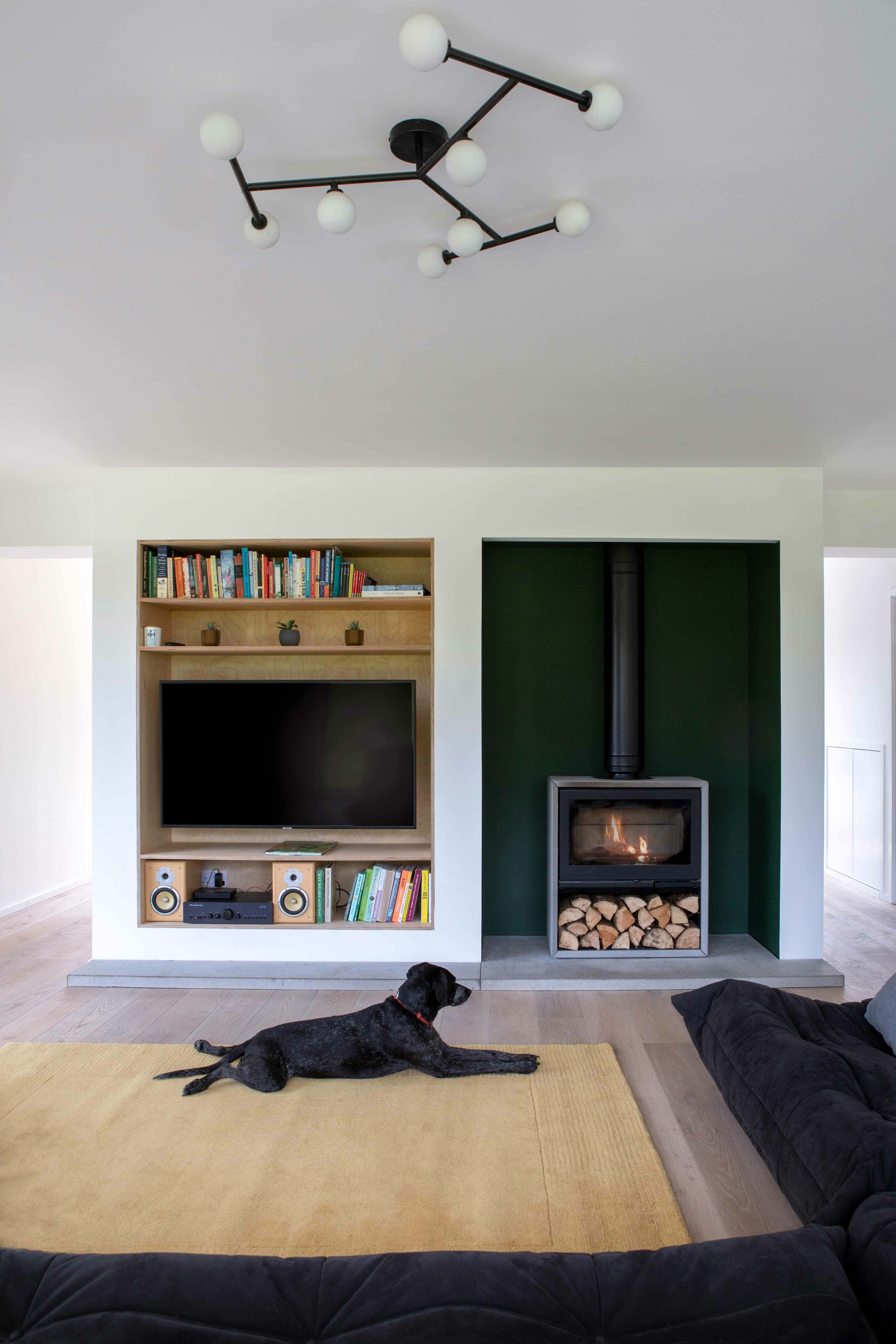 A living room with a black dog lying on a jute rug in front of a lit woodburning stove. The stove is set back within a green feature wall. A birch plywood television cabinet sits next to the woodburning stove containing books and a television.