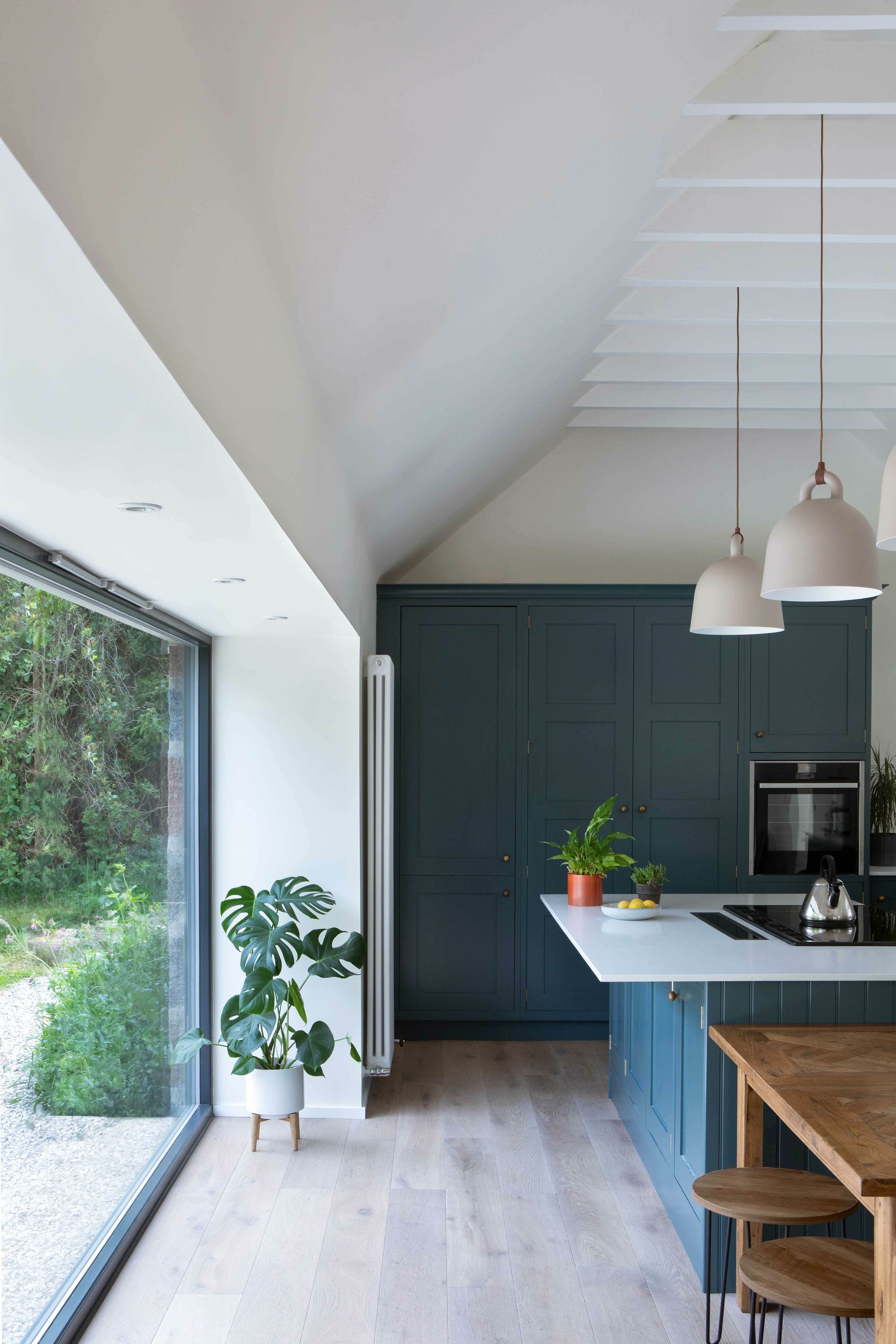 A kitchen with exposed ceiling ties, dark blue cabinetry and a timber table. A kettle sits on top of a black hob and a large monstera plant on the floor.