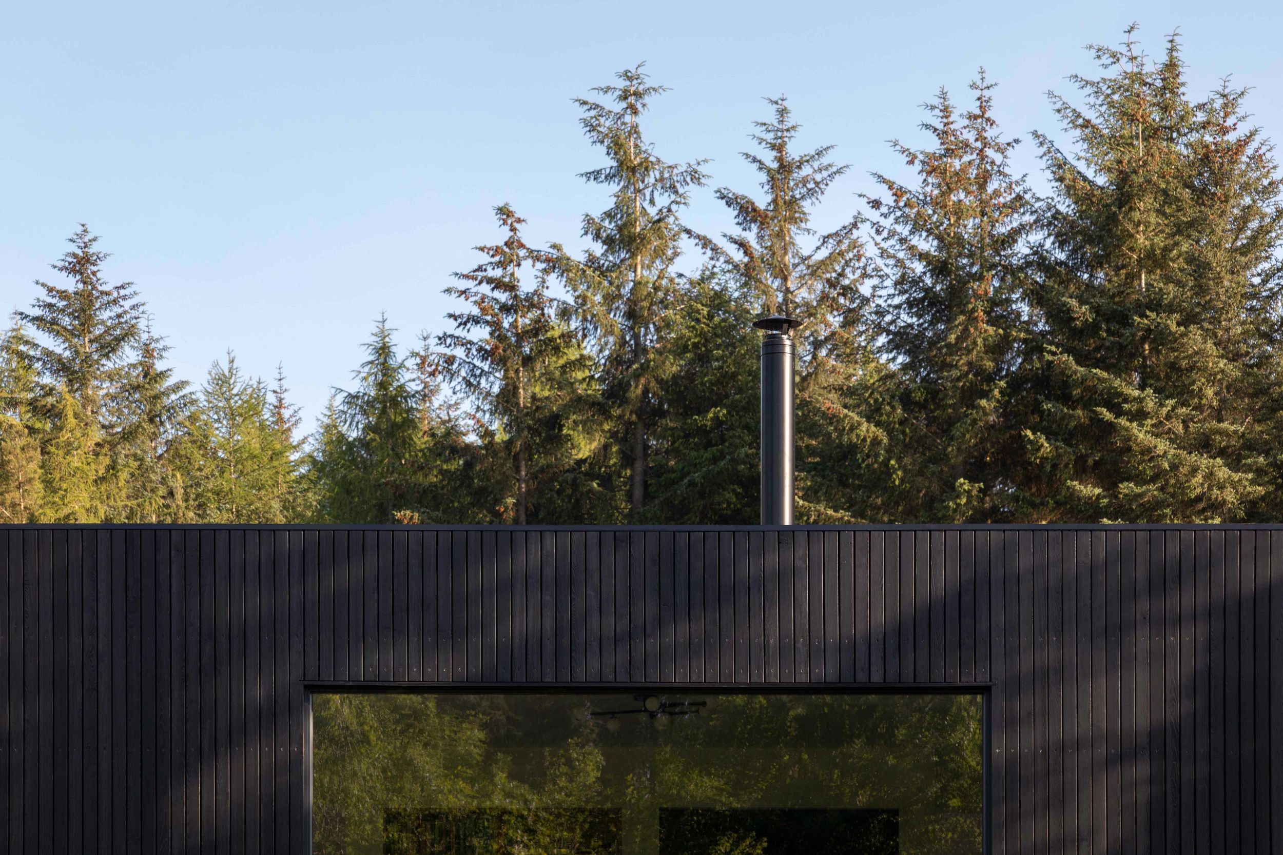 Modern, blackened timber and glass box shaped extension with chimney surrounded by woodland