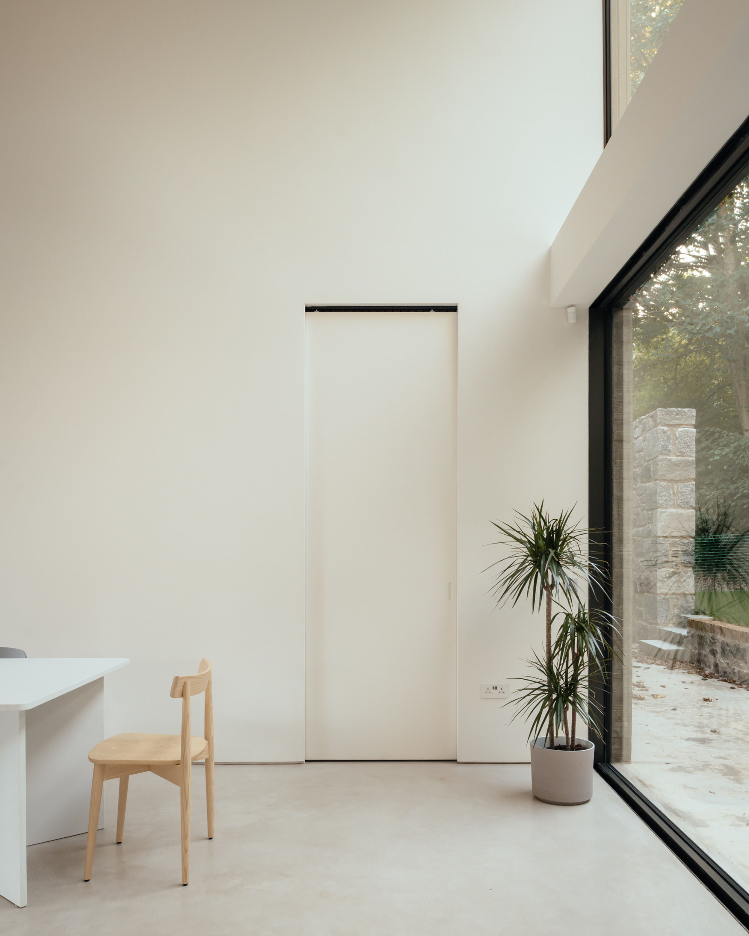 A room inside a modern house. Floor to ceiling glazing takes up one wall. The floor is micro cement. A white table is in the centre of the room. Timber chairs surround it. A tall plant sits in a pot in the corner of the room.