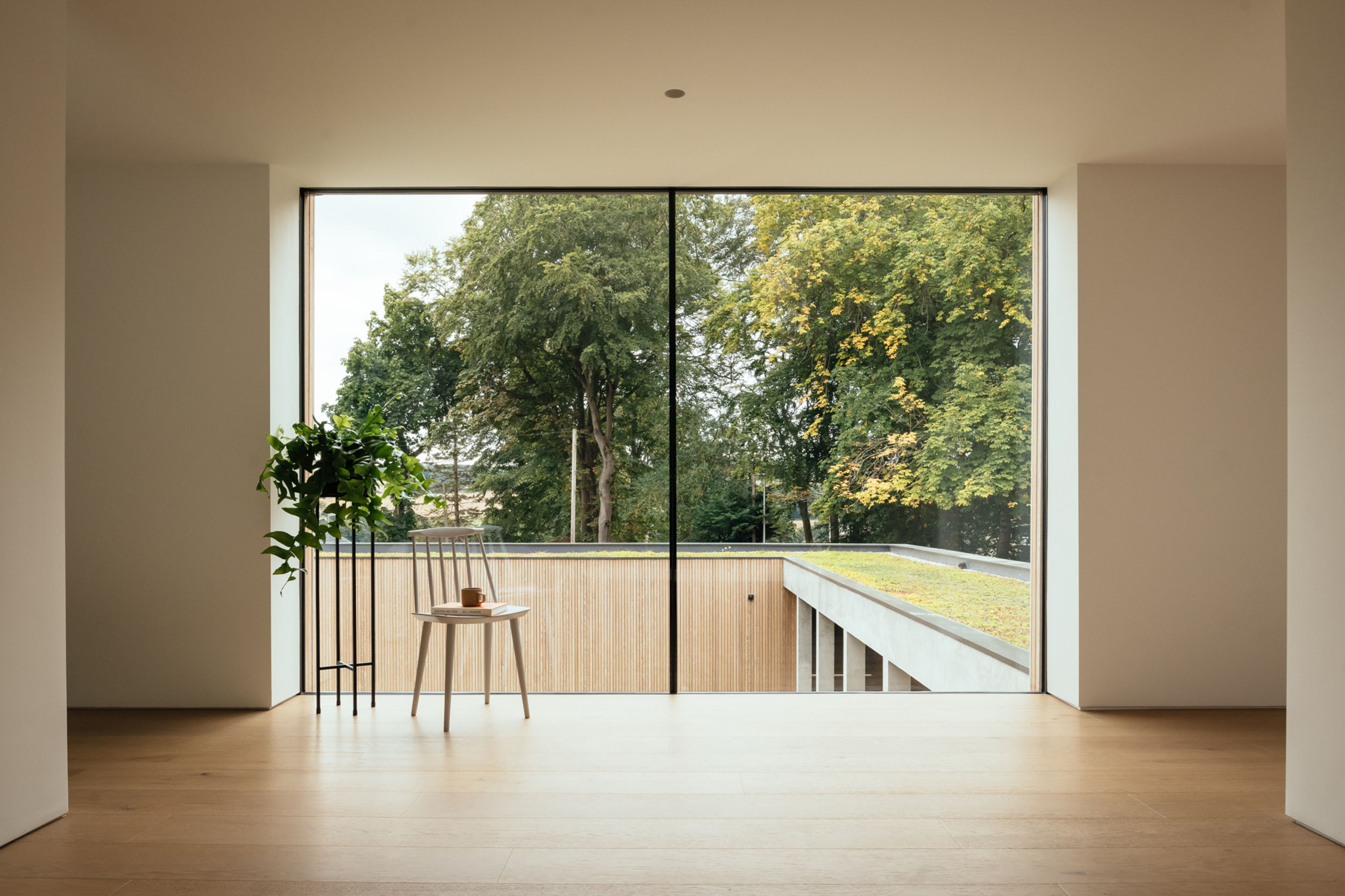 The master bedroom of a modern house. Timber flooring. A timber chair sits in the corner of the room. Large windows flood light. Outside, a concrete colonnade, with a sedum roof can be seen, as well as a timber clad carport. Large trees also surround the property.